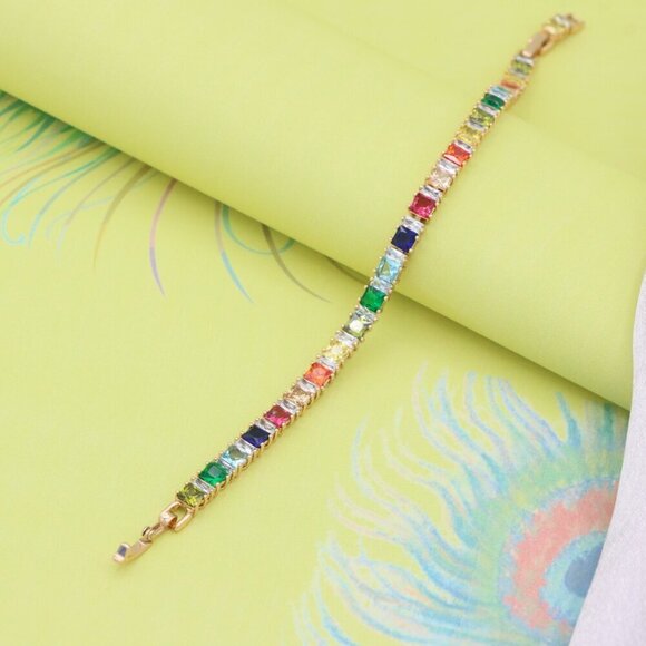 "Rainbow CZ Rose Gold Bracelet with Square Cut Stones, Vibrant Style, XPBL0742 - Picture 5 of 12